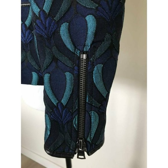 CLUB MONACO Moto Jacket Size 2 Lambskin Leather Detail Blue Jacquard Brocade - Picture 8 of 10